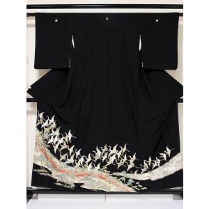 黒留袖 正絹 一越 比翼 道長 松に波 群鶴 155cm前後ベスト 美品｜kimono-maruichi