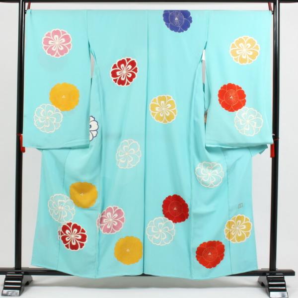 七五三 着物 ７歳 正絹 購入 レトロ 岡重  水色 華文 京友禅 四つ身 絵羽模様 振袖  七歳 ...