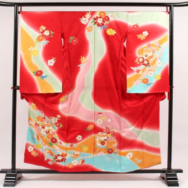 七五三 着物 ７歳 正絹 購入 古典柄 赤 流水貝桶文 京友禅 四つ身 絵羽模様 振袖 手描き京友禅...