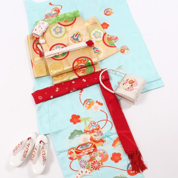 七五三 着物 ７歳 正絹 購入 水色 ブルー 貝桶花文   四つ身 絵羽模様 振袖 女の子 未仕立て...