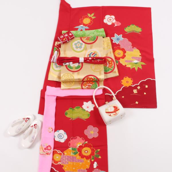 七五三 着物 ７歳  正絹 購入 紅型風 レトロ 赤色 雪輪花文 京友禅 四つ身 絵羽模様 振袖 手...