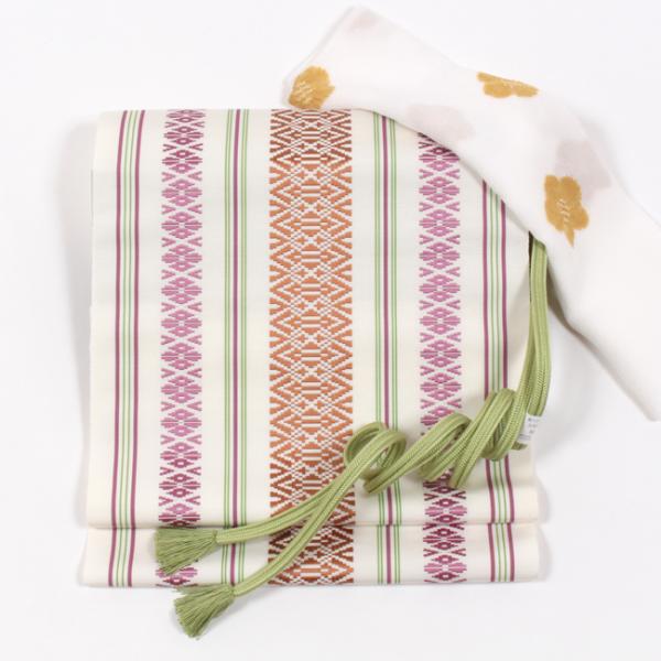 名古屋帯 本場筑前博多織  三献上 金印 全通 八寸帯 カジュアル 洒落 本筑博多 平織り ホワイト...