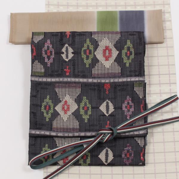 名古屋帯 正絹 西陣織 帯屋捨松 組織段文 墨色 六通柄 八寸帯 日本製 洒落帯