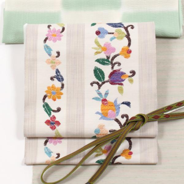 八寸帯 名古屋帯　帯屋捨松  特選 西陣織 ガンダーラの花文 生成り地 ホワイト 六通柄　日本製 洒...