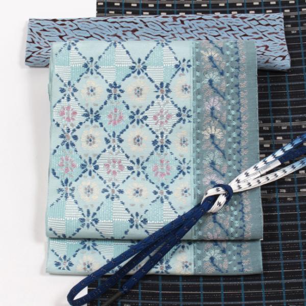 名古屋帯 帯屋捨松 特選 西陣織 フランス裂文 水色  六通柄　八寸帯 日本製 洒落帯