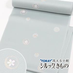 洗える着物 袷 シルック 反物 小紋 雪輪桜文 藍白 シルラック加工