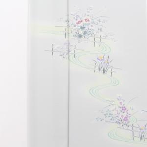 付け下げ 付下げ 洗える着物 夏 単衣 絽 シルック 反物 流水秋草文様 薄青鼠色 絽縮緬 未仕立て 東レ