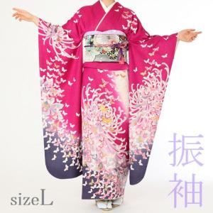 振袖レンタル19点フルセット【Lサイズ/緑ピンク/花と蝶】足袋