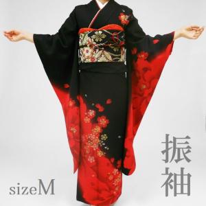振袖レンタル19点フルセット【Mサイズ/黒赤/ボタンと桜】足袋
