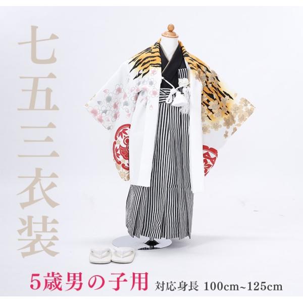 七五三レンタル12点フルセット 5歳【白/虎と桜】男の子 羽織 袴 着物セット 足袋プレゼント 75...
