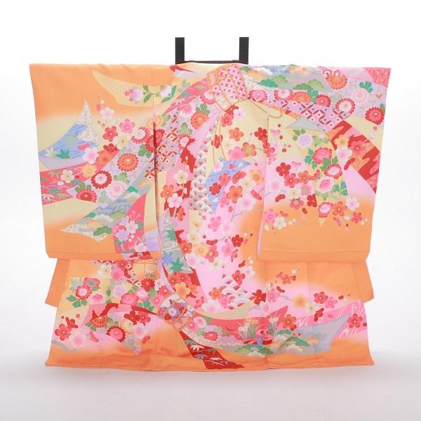 女児産着レンタル【オレンジ/熨斗目小花】お宮参り 初着 祝着 フルセット 着物 赤ちゃん 女の子 ベ...
