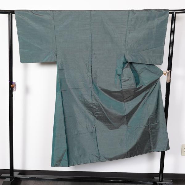 男本場大島紬アンサンブル　グリーン　黒　80亀甲　T245