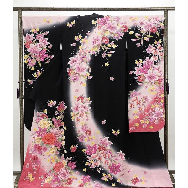 振袖 正絹 百合牡丹蘭模様 身丈170cm 裄丈68cm 振袖 美品 リサイクル 着物 e0909