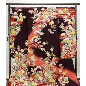 振袖 身丈162cm 裄丈66cm M 袷 草花 総絞り クリーム 正絹 秀品 中古  