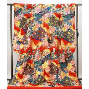 色打掛 正絹 四季花扇面御所車模様 打掛 花嫁衣裳 婚礼 良品