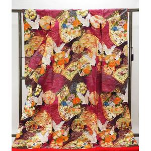 色打掛 正絹 四季花扇面御所車模様 打掛 花嫁衣裳 婚礼 良品