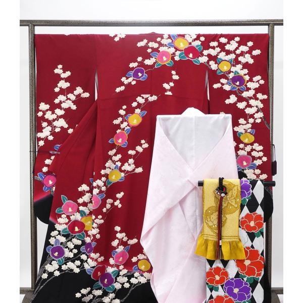 振袖 長襦袢 セット 正絹 5点セット 紅葉 椿 身丈168.5cm 裄丈68cm 袋帯 長襦袢 帯...