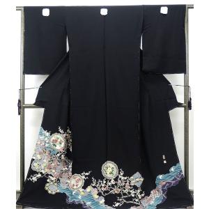 正絹黒留袖 未仕立て 仮絵羽 流水と鶴に四季の花柄 礼装 黒留め袖 新品