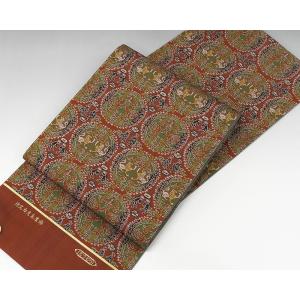 美品 開き名古屋帯 逸品 龍村美術織物 円文白虎朱雀文 茶色 正絹 中古