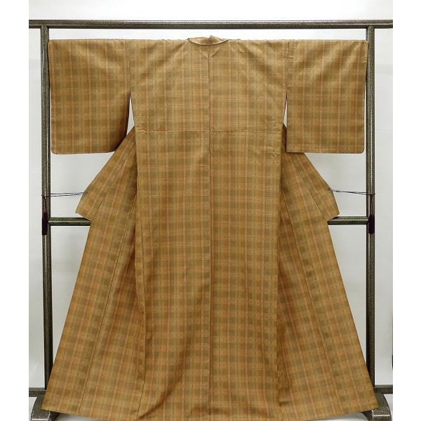 単衣 紬 新品仕立済 正絹 単衣 珈琲結城紬 格子模様 身丈164.5cm 裄丈68cm 紬 新品 ...