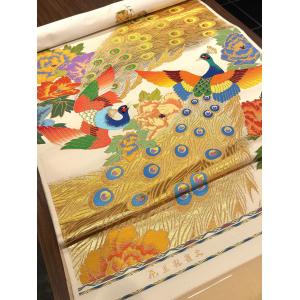 龍村美術織物 丸帯 平蔵 白地 花王孔雀文 手機の詳細画像1