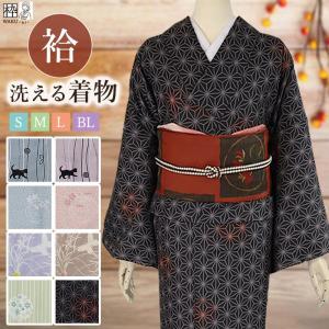 洗える着物②　黒　団扇　付下げ・訪問着　絽　夏 洗える夏着物(絽・付け下げ訪問着) Lフリーサイズ 黒色地に花柄