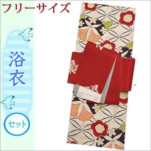 浴衣 セット レディース 2点セット フリーサイズ 赤色系七宝と華柄の浴衣と赤色地に金魚柄の半幅帯｜kimono-waku