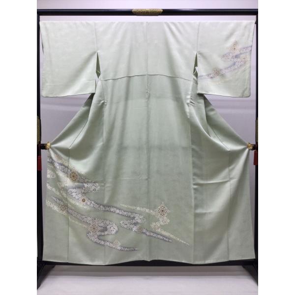 着物 訪問着 良好 中古 草花柄 緑 正絹 裄67.5cm レディース 女性 和服 30代 40代 ...