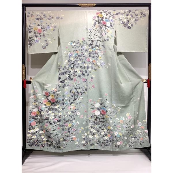 訪問着 羽田登喜男作 良品 中古 草花柄 グリーン系 正絹 裄68cm レディース 女性 きもの 着...