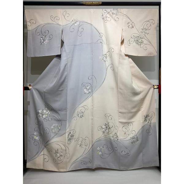 刺繍訪問着 ミシン縫製 良品 中古 花柄 正絹 裄67.5cm レディース 女性 きもの 着物 和服...