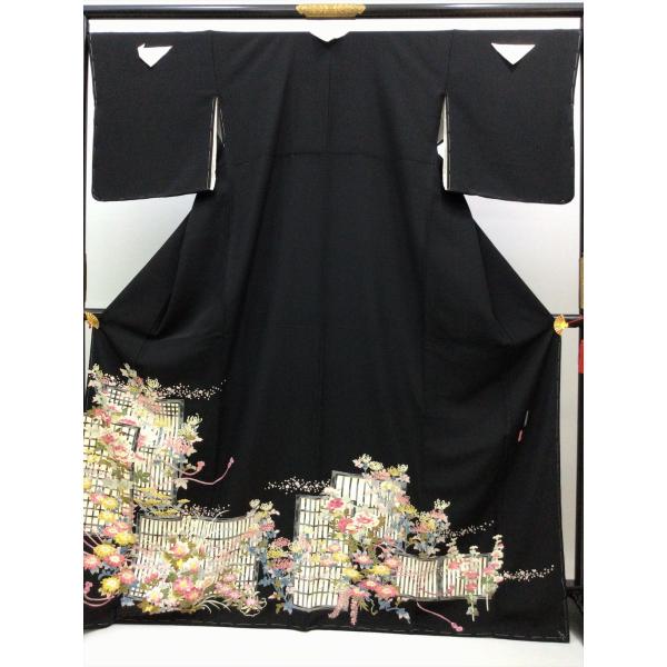 着物 留袖 黒留袖 宮野勇造作 本加賀友禅 「富山格子」 未使用 中古 四季花 黒 正絹 裄66.5...