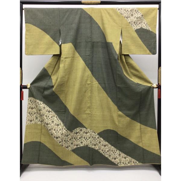 着物 訪問着 染め生紬訪問着 良好 中古 柄物 黄色 正絹 裄66.5cm レディース 女性 和服 ...