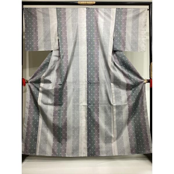 大島紬 未使用 中古 正絹 裄66.5cm つむぎ 紬 グレー系 縞 レディース きもの 着物 女性...