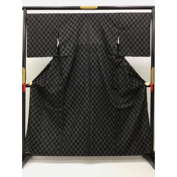 単衣お召 着物 単衣 未使用 中古 正絹 裄68.5cm 市松 黒 レディース 女性 和服 30代 ...