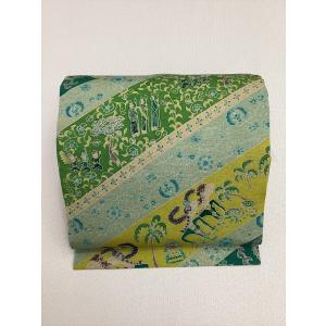 帯 袋帯 永治屋清左衛門謹製 花葉文唐織袋 良好 中古 幾何学模様 黒