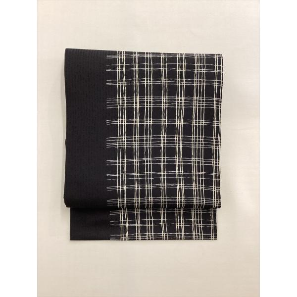 染め名古屋帯 帯 黒系 格子柄 良品 中古 正絹 レディース 女性 着物 おしゃれ 和服 和装 30...