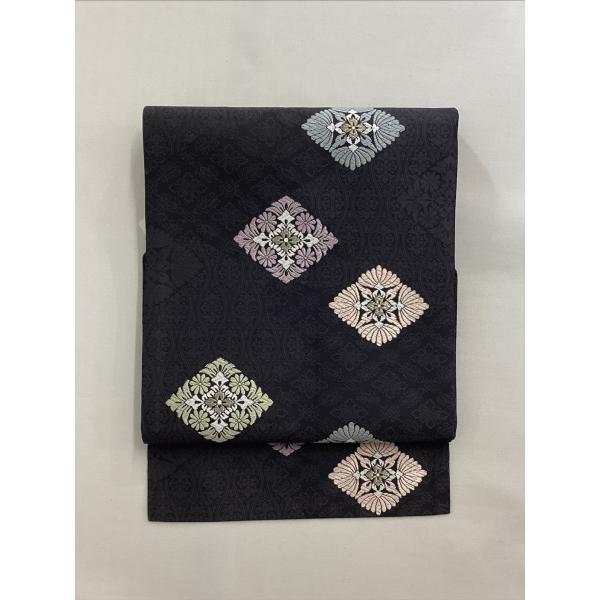 名古屋帯 帯 良品 黒系 花菱 中古 正絹 レディース 女性 着物 おしゃれ 和服 和装 30代 4...