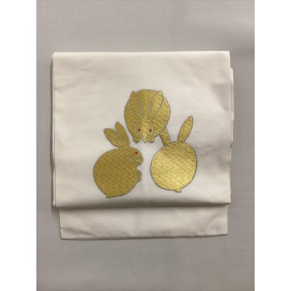 名古屋帯 帯 良品 白系 うさぎ 刺繍 中古 正絹 レディース 女性 着物 おしゃれ かわいい 和服...