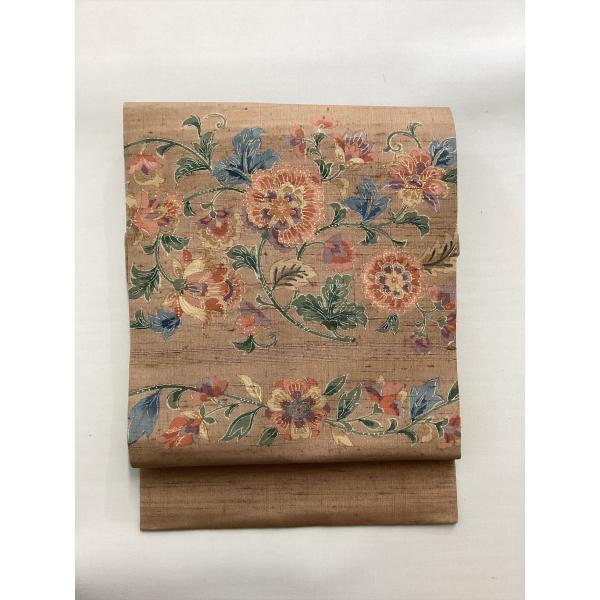 染め紬名古屋帯 帯 良品 茶系 花柄 中古 正絹 レディース 女性 着物 おしゃれ 和服 和装 30...