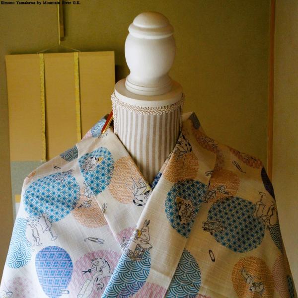 [洋服地着物]　令和モダン　鳥獣戯画　浴衣　フルオーダー　夏祭り　普段着　稽古着　木綿着物　水玉　洗...