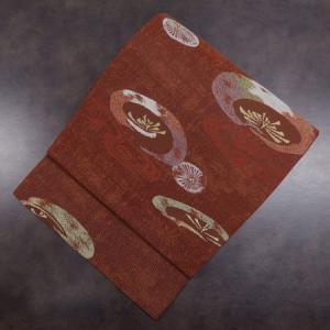 セール　袋帯　レンガ色地菊柄　しゃれ袋　正絹　未使用　美品　エンジ　花　しゃれ袋　モダン