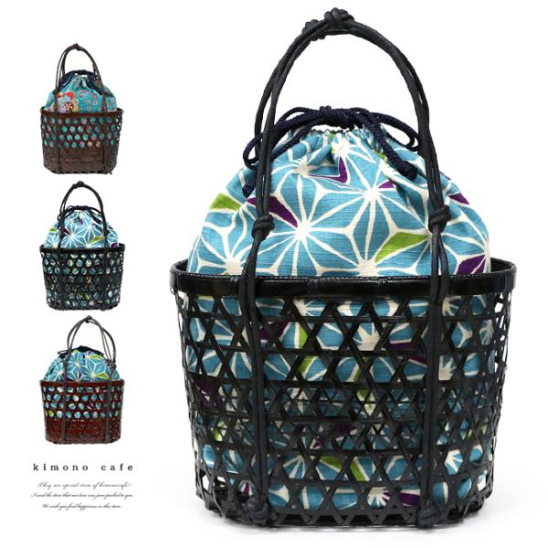 竹かご バッグ 和柄 麻の葉 ブルー コバルト 巾着 浴衣 夏 プチプラ カゴ 籠 かご 爆買 [在...