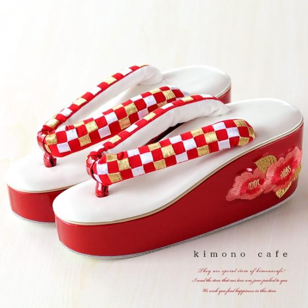 振袖 草履  ヒール草履 市松と椿 白 厚底 大きい 痛くない 成人式 レディース 刺繍 花 レトロ