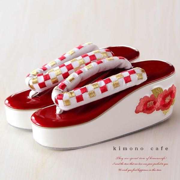 振袖 草履  ヒール草履 市松と椿 赤 厚底 大きい 痛くない 成人式 レディース 刺繍 花 レトロ