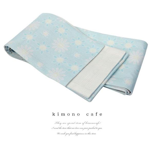 浴衣 帯 半巾帯 フラワープリント 淡い水色 麻 細帯 半幅帯 浴衣帯新作 2024 大人 シンプル