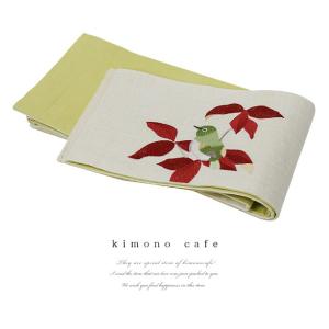 浴衣 帯 半巾帯 メジロ 刺繍 白 麻 細帯 半幅帯 レトロ