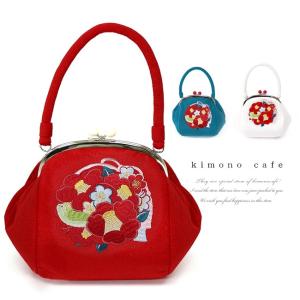 振袖用 バッグ 小鳥と牡丹の刺繍 がま口 ちりめん レトロ