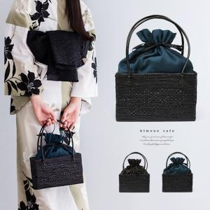 kimono cafe 竹かご バッグ 和柄 麻の葉 ブルー コバルト 巾着