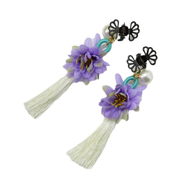 髪飾り 成人式 振袖 袴 花 2点セット 白 紫 黒 房 下がり クリップ タッセル パールビーズ ...