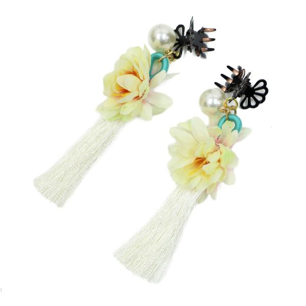 髪飾り 成人式 振袖 袴 花 2点セット 白 黄色 黒 房 下がり クリップ タッセル パールビーズ...